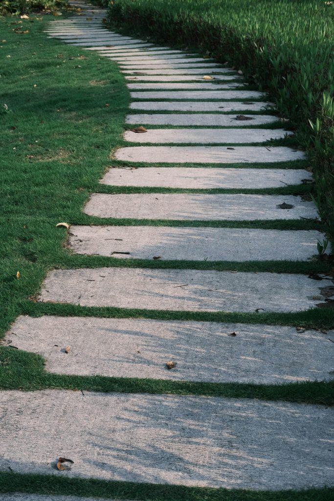 Stone path winding through green grass